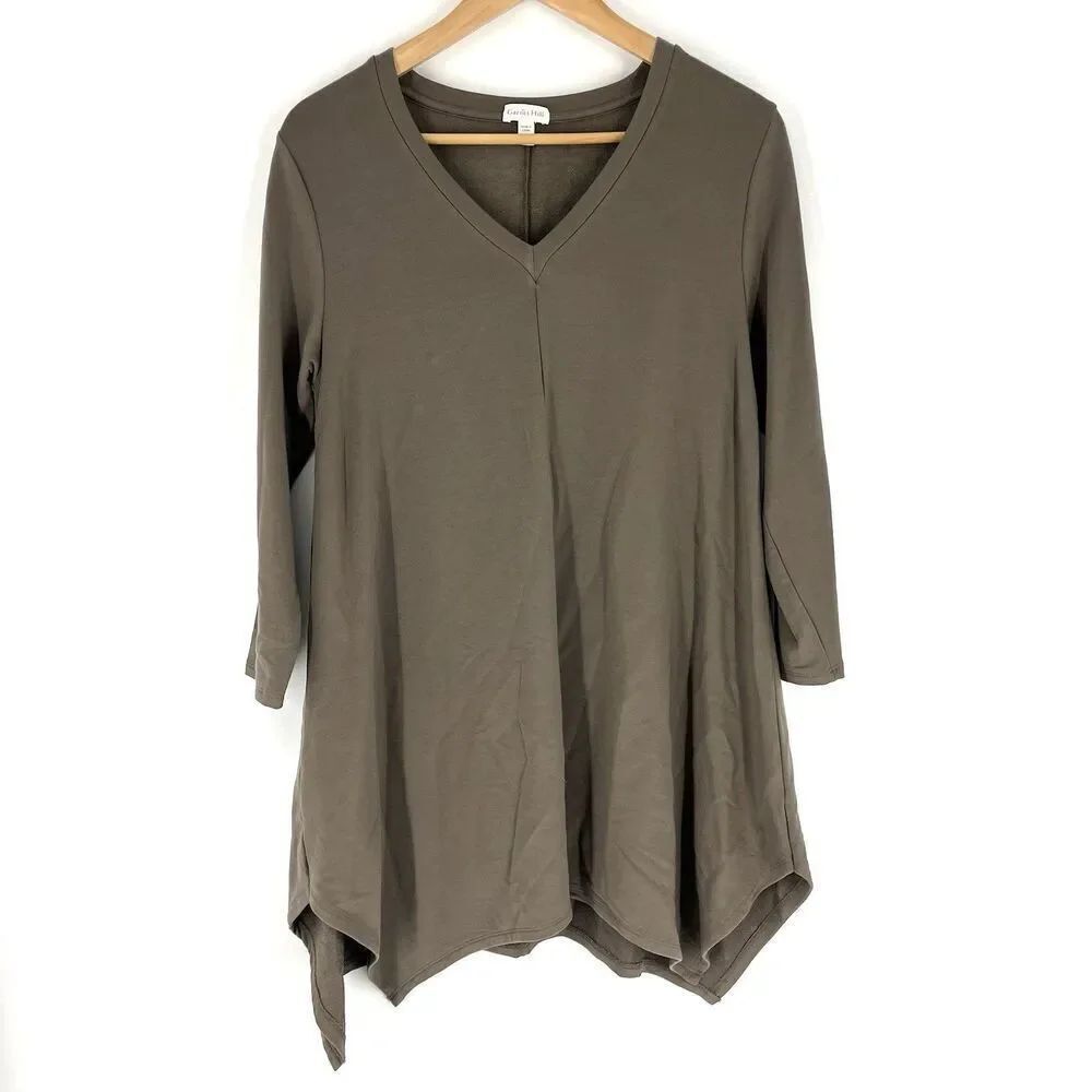 Garnet Hill Popover Tunic Top Size Small Olive Popover Terry Knit V Neck Fairy